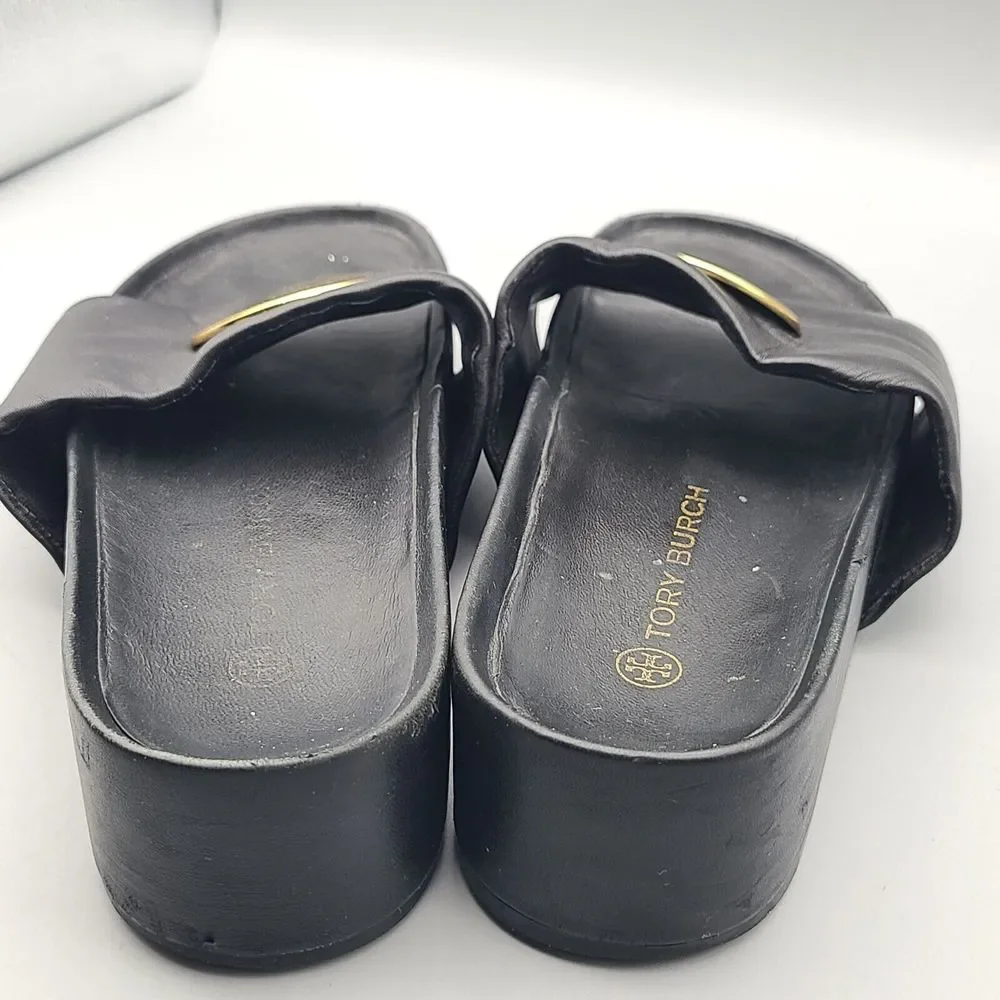 Tory Burch Black Leather Slide Sandals with Gold Medallions